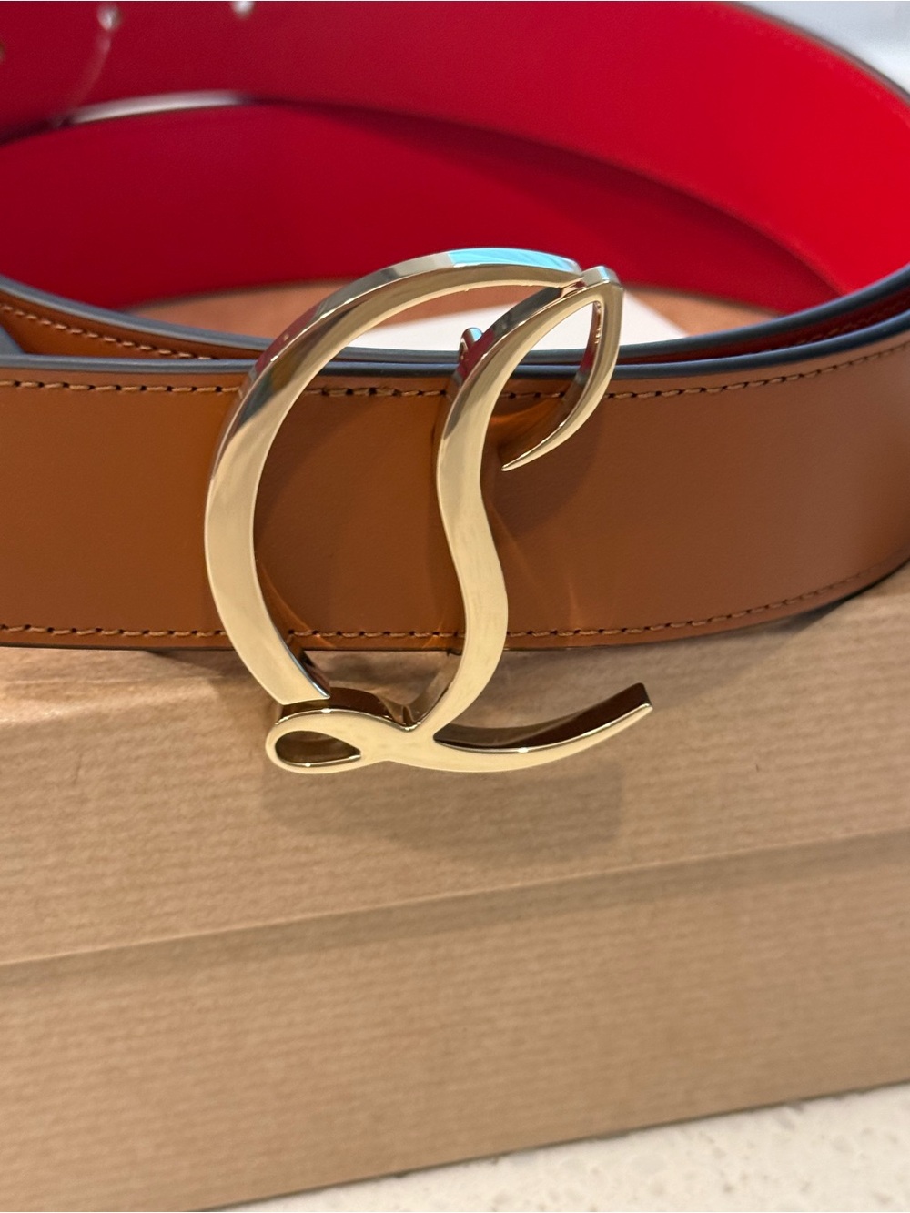 Christian Louboutin Tan Leather Belt with Gold Logo Buckle and Red Lining